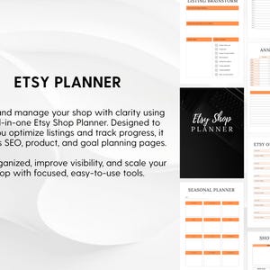 Puede incluir: Un planificador de tienda Etsy en formato digital con p&aacute;ginas blancas, encabezados naranjas y texto negro. Las secciones incluyen Listing Brainstorm, Annual Profit, Etsy Orders Tracker, Seasonal Planner y Shop Branding, con una portada negra.