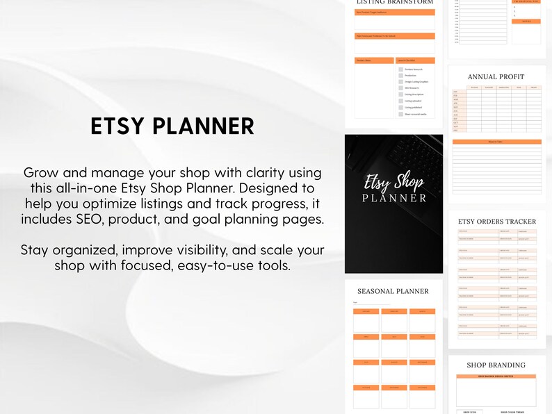 Puede incluir: Un planificador de tienda Etsy en formato digital con p&aacute;ginas blancas, encabezados naranjas y texto negro. Las secciones incluyen Listing Brainstorm, Annual Profit, Etsy Orders Tracker, Seasonal Planner y Shop Branding, con una portada negra.