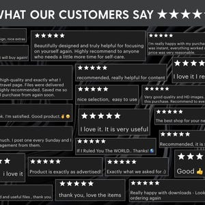 May include: A black graphic display titled WHAT OUR CUSTOMERS SAY with five-star ratings. It features multiple customer reviews including text such as Beautifully designed, I love it, Product is exactly as advertised, and Good with thumbs up emojis.