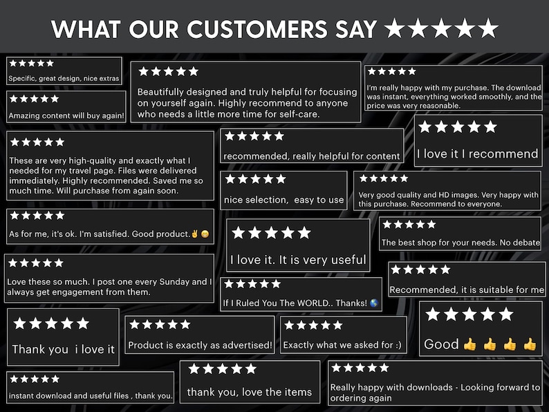 May include: A black graphic display titled WHAT OUR CUSTOMERS SAY with five-star ratings. It features multiple customer reviews including text such as Beautifully designed, I love it, Product is exactly as advertised, and Good with thumbs up emojis.