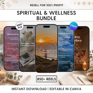 Peut inclure: Un ensemble de produits numériques présentant cinq écrans de smartphone affichant du contenu spirituel et bien-être. Le texte indique RESELL FOR 100% PROFIT, SPIRITUAL & WELLNESS BUNDLE, 850+ REELS, et INSTANT DOWNLOAD | EDITABLE IN CANVA, avec logos MRR PLR et Canva.