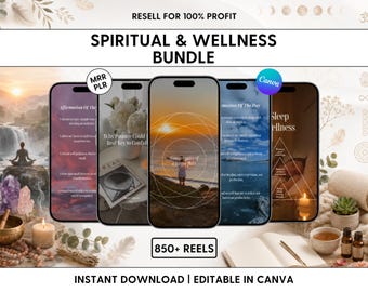 Puede incluir: Un paquete de productos digitales con cinco pantallas de teléfono que muestran contenido espiritual y de bienestar. El texto dice RESELL FOR 100% PROFIT, SPIRITUAL & WELLNESS BUNDLE, 850+ REELS e INSTANT DOWNLOAD | EDITABLE IN CANVA, con logos MRR PLR y Canva.