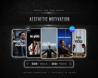 May include: A digital marketing bundle titled Aesthetic Motivation featuring five vertical panels with motivational text and imagery. The panels include phrases like Finish what you Started, is you, born to make HISTORY, outwork everyone, and YOU vs YOU.