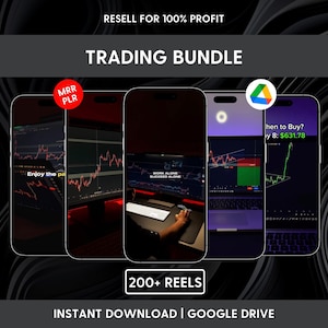 Könnte beinhalten: Werbebild für ein Trading-Bundle. Es zeigt fünf Smartphone-Bildschirme mit Börsendiagrammen und Finanzdaten. Text enthält "Trading Bundle", "Resell for 100% Profit" und "200+ Reels". Der Hintergrund ist ein dunkles, abstraktes Design.