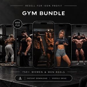 Op de afbeelding: Een digitale productweergave met vijf smartphones die fitnessvideo's tonen. De tekst luidt: RESELL FOR 100% PROFIT, GYM BUNDLE, MRR PLR, 750+ WOMEN & MEN REELS, INSTANT DOWNLOAD, GOOGLE DRIVE. De achtergrond is een donker, getextureerd oppervlak.