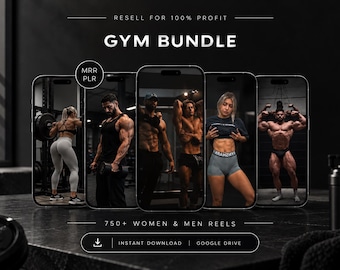 Puede incluir: Una pantalla de producto digital con cinco teléfonos inteligentes que muestran videos de fitness. El texto dice: RESELL FOR 100% PROFIT, GYM BUNDLE, MRR PLR, 750+ WOMEN & MEN REELS, INSTANT DOWNLOAD, GOOGLE DRIVE. Fondo oscuro y texturizado.