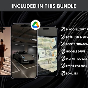 May include: Three smartphones displaying video content including a person on stairs, a white sports car in a garage, and stacks of US hundred-dollar bills. Text reads: INCLUDED IN THIS BUNDLE, 14.000+ LUXURY REELS, SAVE TIME & EFFORT, BOOST ENGAGEMENT, GOOGLE DRIVE, INSTANT DOWNLOAD, RESELL FOR 100% PROFIT, BONUSES.