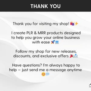 Puede incluir: Un gr&aacute;fico digital blanco con texto negro que dice: THANK YOU. Thank you for visiting my shop! I create PLR & MRR products designed to help you grow your online business with ease. Follow my shop for new releases, discounts, and exclusive offers. Have questions? I'm always happy to help &ndash; just send me a message anytime. El logotipo AS AVENTORASHOP est&aacute; en la esquina inferior derecha.