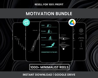 May include: A digital product bundle featuring 1000+ minimalist reels for social media. The graphic displays five smartphone screens with black backgrounds and teal motivational illustrations and text, including the phrase CONSISTENCY IS THE KEY.