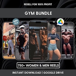 May include: A digital product advertisement for a gym bundle. The image shows several smartphones displaying fitness-related content, including images of people working out. Text on the image reads "Resell for 100% Profit", "Gym Bundle", and "750+ Women & Men Reels".