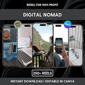 250+ ansiktslösa digitala nomadrullar | Videopaket för resor och distansarbete, redigerbart Canva-innehåll för Instagram TikTok med MRR PLR