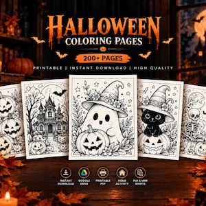 May include: A collection of Halloween coloring pages featuring 200+ pages of black and white line art illustrations including pumpkins, a haunted house, a ghost wearing a floral hat, a cat in a hat, and a skeleton, with the text Halloween Coloring Pages.