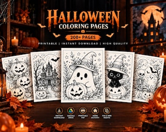 Puede incluir: Una colección de páginas para colorear de Halloween con más de 200 páginas de ilustraciones en blanco y negro que incluyen calabazas, una casa embrujada, un fantasma con sombrero floral, un gato con sombrero y un esqueleto, con el texto Halloween Coloring Pages.