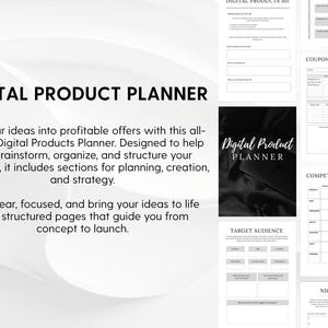 Puede incluir: Un planificador de productos digitales con una portada en blanco y negro con el texto Digital Product Planner. El dise&ntilde;o incluye varias p&aacute;ginas con secciones para Digital Products 101, Coupons & Promotion, Competitor Analysis, Target Audience y Niche Down.
