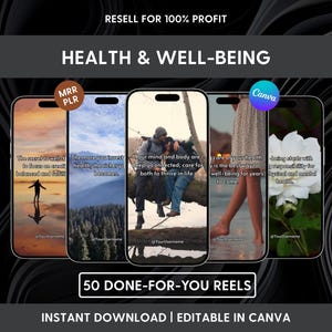 Könnte beinhalten: Eine digitale Produktanzeige mit fünf Smartphone-Bildschirmen, die Reels zum Thema Gesundheit und Wohlbefinden zeigen. Der Text enthält 'RESELL FOR 100% PROFIT', 'HEALTH & WELL-BEING', '50 DONE-FOR-YOU REELS' und 'INSTANT DOWNLOAD | EDITABLE IN CANVA'.