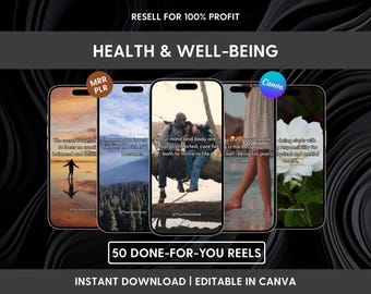 Puede incluir: Una pantalla de producto digital con cinco teléfonos inteligentes que muestran videos sobre salud y bienestar. El texto incluye 'RESELL FOR 100% PROFIT', 'HEALTH & WELL-BEING', '50 DONE-FOR-YOU REELS' e 'INSTANT DOWNLOAD | EDITABLE IN CANVA'.