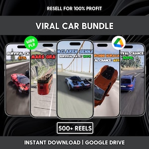 Könnte beinhalten: Ein digitales Paket mit über 500 viralen Auto-Reels auf fünf Smartphone-Bildschirmen. Der Text lautet RESELL FOR 100% PROFIT, VIRAL CAR BUNDLE, INSTANT DOWNLOAD | GOOGLE DRIVE und enthält verschiedene Spiel-Clips mit Überlebensraten-Statistiken.
