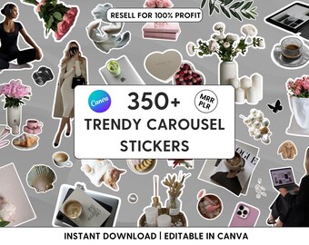 Puede incluir: Una colección digital de más de 350 pegatinas de carrusel de tendencia para Canva, que incluye varios elementos de estilo de vida como flores, café, portátiles, fotografía de moda, decoración de interiores y objetos estéticos.