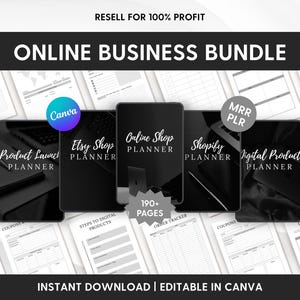 Puede incluir: Un paquete de negocios en l&iacute;nea con cinco planificadores negros titulados Product Launch, Etsy Shop, Online Shop, Shopify y Digital Product Planner. El conjunto incluye m&aacute;s de 190 p&aacute;ginas, compatibilidad con Canva y etiquetas MRR PLR sobre un fondo de plantillas blancas.