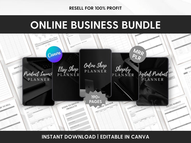 Puede incluir: Un paquete de negocios en l&iacute;nea con cinco planificadores negros titulados Product Launch, Etsy Shop, Online Shop, Shopify y Digital Product Planner. El conjunto incluye m&aacute;s de 190 p&aacute;ginas, compatibilidad con Canva y etiquetas MRR PLR sobre un fondo de plantillas blancas.