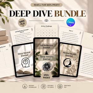 Könnte beinhalten: Ein digitales Deep Dive Bundle mit MRR- und PLR-Rechten, bestehend aus einem Reflexionstagebuch, einem mentalen Journal und einem Tagebuch für psychische Gesundheit. Das Set enthält über 250 bearbeitbare Canva-Vorlagen, druckbare PDFs und Fragen.