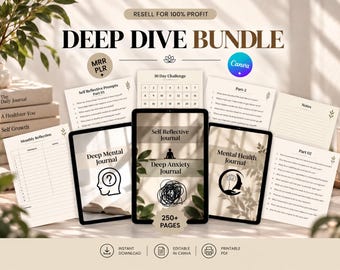 Puede incluir: Un paquete digital Deep Dive Bundle con derechos MRR y PLR, que incluye un diario de autorreflexión, un diario mental y un diario de salud mental. El conjunto contiene más de 250 páginas de plantillas editables en Canva, PDF y preguntas.