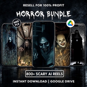 Puede incluir: Un paquete de productos digitales con cinco teléfonos inteligentes que muestran imágenes de terror generadas por IA. El texto incluye RESELL FOR 100% PROFIT, HORROR BUNDLE, MRR PLR, 800+ SCARY AI REELS, INSTANT DOWNLOAD y GOOGLE DRIVE. Fondo oscuro.