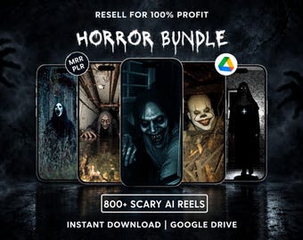 Puede incluir: Un paquete de productos digitales con cinco teléfonos inteligentes que muestran imágenes de terror generadas por IA. El texto incluye RESELL FOR 100% PROFIT, HORROR BUNDLE, MRR PLR, 800+ SCARY AI REELS, INSTANT DOWNLOAD y GOOGLE DRIVE. Fondo oscuro.