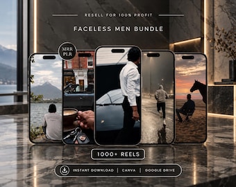 Puede incluir: Cinco teléfonos inteligentes muestran varias imágenes de estilo de vida, con superposiciones de texto que dicen RESELL FOR 100% PROFIT, FACELESS MEN BUNDLE, 1000+ REELS e INSTANT DOWNLOAD | CANVA | GOOGLE DRIVE. Una pequeña insignia circular muestra MRR PLR.