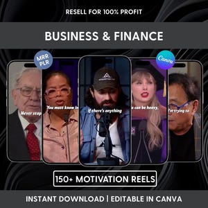 Puede incluir: Gráfico promocional para negocios y finanzas, con maquetas de teléfonos inteligentes que muestran citas motivacionales de figuras notables. El texto incluye "Resell for 100% Profit", "Business & Finance" y "150+ Motivation Reels". Editable en Canva.
