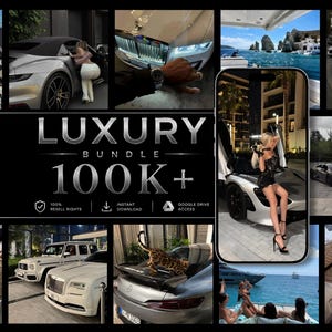 Könnte beinhalten: Eine digitale Collage mit luxuriösen Lifestyle-Bildern, darunter hochwertige Sportwagen, Yachten und Reiseszenen. Der zentrale Text lautet LUXURY BUNDLE 100K+ mit Symbolen für Wiederverkaufsrechte, Sofort-Download und Google Drive-Zugriff.