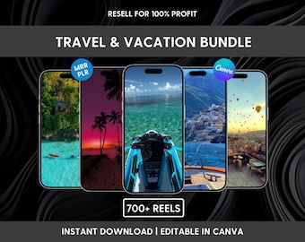 Puede incluir: Un paquete de productos digitales con cinco pantallas de teléfono inteligente que muestran imágenes de viajes y vacaciones. El texto incluye RESELL FOR 100% PROFIT, TRAVEL & VACATION BUNDLE, MRR PLR, Canva, 700+ REELS e INSTANT DOWNLOAD | EDITABLE IN CANVA.