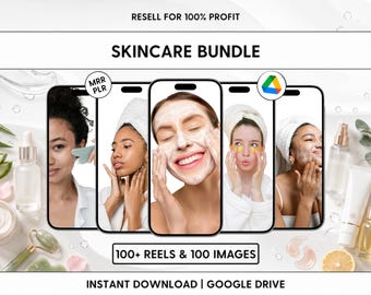 Puede incluir: Un paquete de marketing digital con cinco pantallas de smartphone que muestran rutinas de cuidado de la piel, rodeadas de productos como un rodillo de jade, sueros y cremas. El texto incluye "RESELL FOR 100% PROFIT", "SKINCARE BUNDLE" y "100+ REELS & 100 IMAGES".