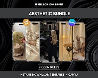 Puede incluir: Un paquete estético digital con cinco vistas previas de pantallas de teléfono que muestran imágenes de estilo de vida. Los textos incluyen RESELL FOR 100% PROFIT, AESTHETIC BUNDLE, MRR PLR, Canva, 7.000+ REELS e INSTANT DOWNLOAD | EDITABLE IN CANVA.
