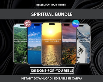 Puede incluir: Cinco teléfonos inteligentes muestran videos verticales de naturaleza con textos espirituales. Las pantallas muestran un bosque, un lago, un atardecer sobre el agua, un paisaje otoñal y montañas nevadas. Texto: "SPIRITUAL BUNDLE" y "105 DONE-FOR-YOU REELS".