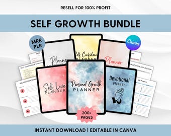 Puede incluir: Un paquete digital de crecimiento personal con varias portadas de planificadores y páginas interiores con fondos de acuarela. El texto incluye "SELF GROWTH BUNDLE," "Personal Growth PLANNER," "Self Love PLANNER," "Devotional Planner," "MRR PLR," "Canva," y "200+ PAGES."