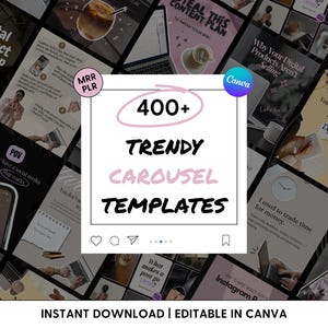 Może przedstawiać: Kolekcja cyfrowych szablonów karuzeli do mediów społecznościowych z centralnym białym kwadratem z tekstem 400+ TRENDY CAROUSEL TEMPLATES, otoczona różnymi slajdami podglądu z różowymi i czarnymi akcentami, w tym brandingiem Canva.