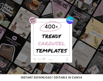 Puede incluir: Una colección de plantillas digitales de carrusel para redes sociales con un cuadrado blanco central que contiene el texto 400+ TRENDY CAROUSEL TEMPLATES, rodeado de varias diapositivas de vista previa con acentos rosas y negros, incluyendo la marca Canva.