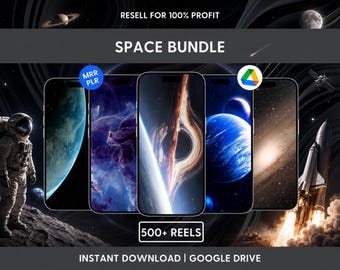 Puede incluir: Un paquete de productos digitales titulado SPACE BUNDLE que muestra cinco teléfonos inteligentes con fondos de pantalla del espacio, incluyendo un agujero negro, planetas y nebulosas. El texto incluye RESELL FOR 100% PROFIT, 500+ REELS e INSTANT DOWNLOAD | GOOGLE DRIVE.