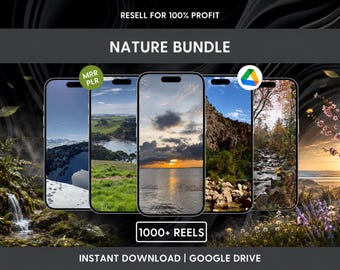 Puede incluir: Un paquete de productos digitales con cinco teléfonos inteligentes que muestran paisajes naturales, incluyendo montañas, costas y atardeceres. El texto incluye RESELL FOR 100% PROFIT, NATURE BUNDLE, MRR PLR, 1000+ REELS e INSTANT DOWNLOAD | GOOGLE DRIVE.