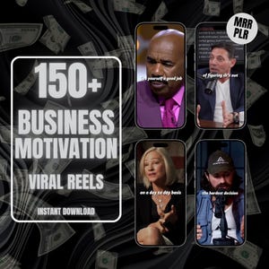 Op de afbeelding: Een promotionele afbeelding met de tekst "150+ BUSINESS MOTIVATION VIRAL REELS INSTANT DOWNLOAD." De afbeelding bevat verschillende smartphoneschermen met motiverende citaten en sprekers. De achtergrond heeft een patroon van vallende bankbiljetten.
