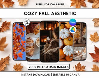 Puede incluir: Una colección digital titulada COZY FALL AESTHETIC que incluye 200+ REELS & 350+ IMAGES. La pantalla muestra cinco teléfonos inteligentes con imágenes de temática otoñal, incluyendo hojas naranjas, un croissant, una chimenea y calabazas.