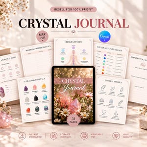 Può includere: Un set di modelli digitali per un diario dei cristalli con 31 pagine di fogli di lavoro stampabili, tra cui una guida al sistema dei chakra, una tabella delle forme dei cristalli e pagine per la manifestazione.