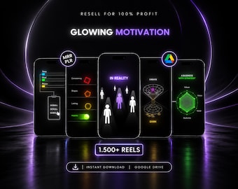 Puede incluir: Cinco teléfonos inteligentes muestran contenido digital sobre un fondo oscuro con anillos de luz violeta. El texto incluye RESELL FOR 100% PROFIT, GLOWING MOTIVATION, IN REALITY, A BUSINESS WITH STRATEGY, 1.500+ REELS e INSTANT DOWNLOAD GOOGLE DRIVE.