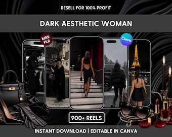 Puede incluir: Un paquete de productos digitales con cinco pantallas de smartphone que muestran imágenes estéticas oscuras, incluyendo un bolso negro, guantes, tacones, pintalabios y velas. Texto: RESELL FOR 100% PROFIT, DARK AESTHETIC WOMAN, MRR PLR, Canva, 900+ REELS.