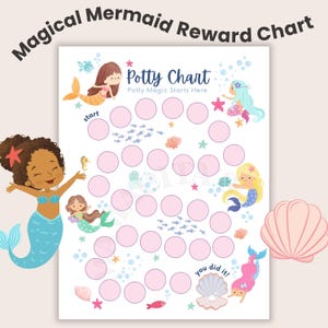 May include: A white rectangular potty reward chart featuring the text Magical Mermaid Reward Chart, Potty Chart, Potty Magic Starts Here, and you did it. The chart includes illustrations of mermaids, seashells, and fish with pink circles.
