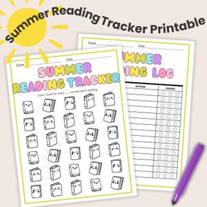 May include: A printable summer reading tracker with a sunny yellow sun graphic. The tracker features a colorful "Summer Reading Tracker" title and cute book illustrations. A purple marker is included.