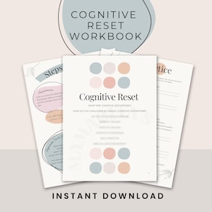 May include: A workbook titled "Cognitive Reset" with a soft color palette. The cover features the title and a series of pastel-colored circles. Additional pages detail steps and practice exercises for cognitive restructuring.