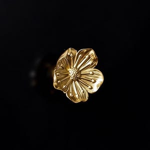May include: A close-up of a gold-colored flower-shaped cabinet knob against a black background. The knob has detailed petals and a central disc, suggesting a floral design. The hardware is likely for furniture or decorative purposes.