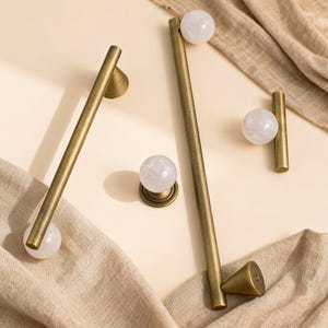 Clear Quartz Pull - Brass Dresser Handles - Golden Cabinet Knobs